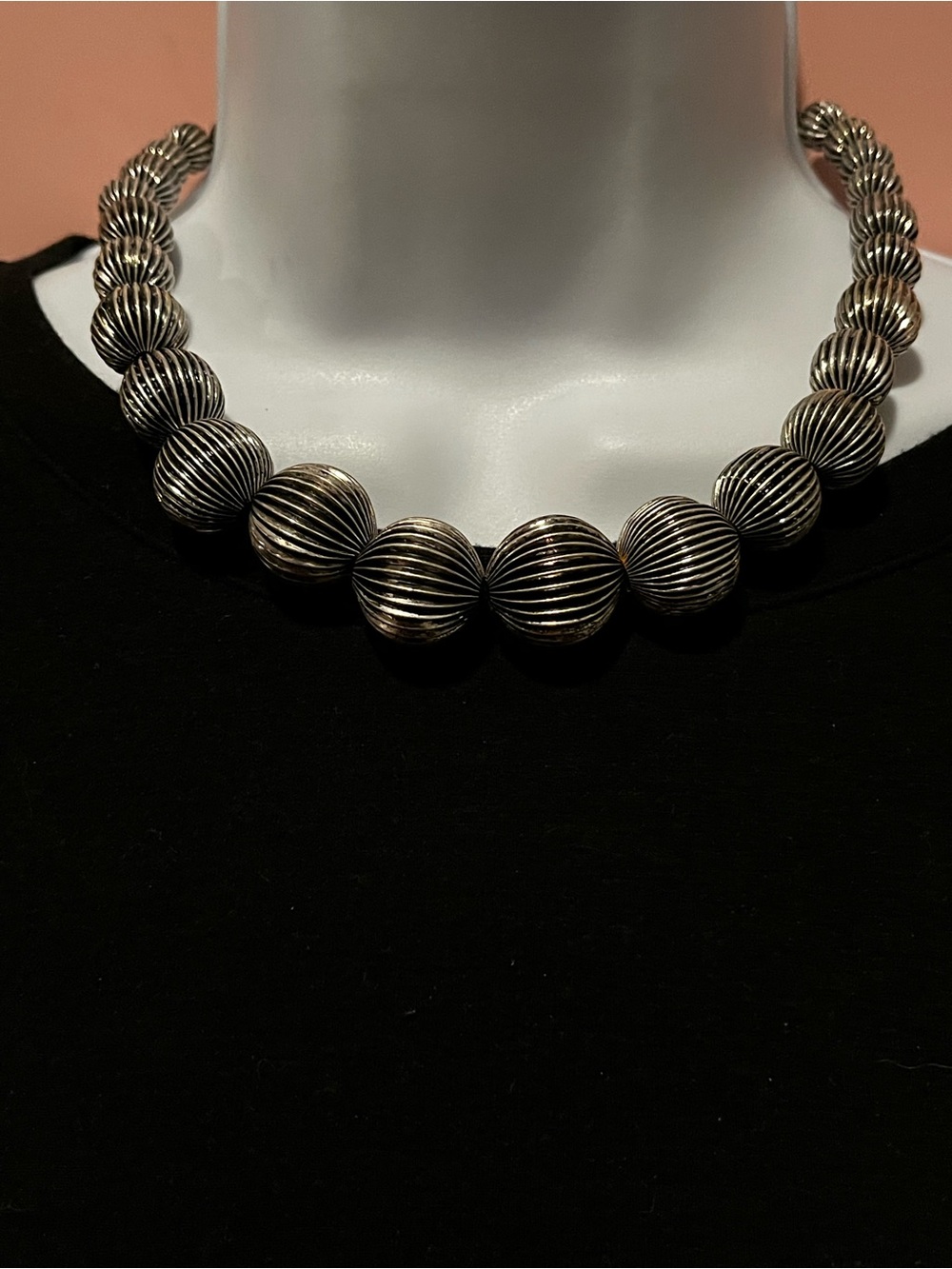 Estate Silver Ribbed Ball Necklace